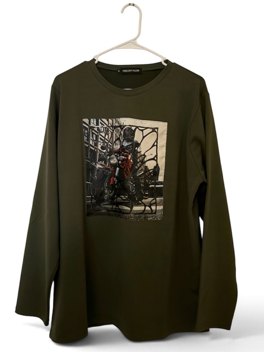 Philipp Plein Olive Green Long-Sleeve Shirt with Motorcycle Graphic